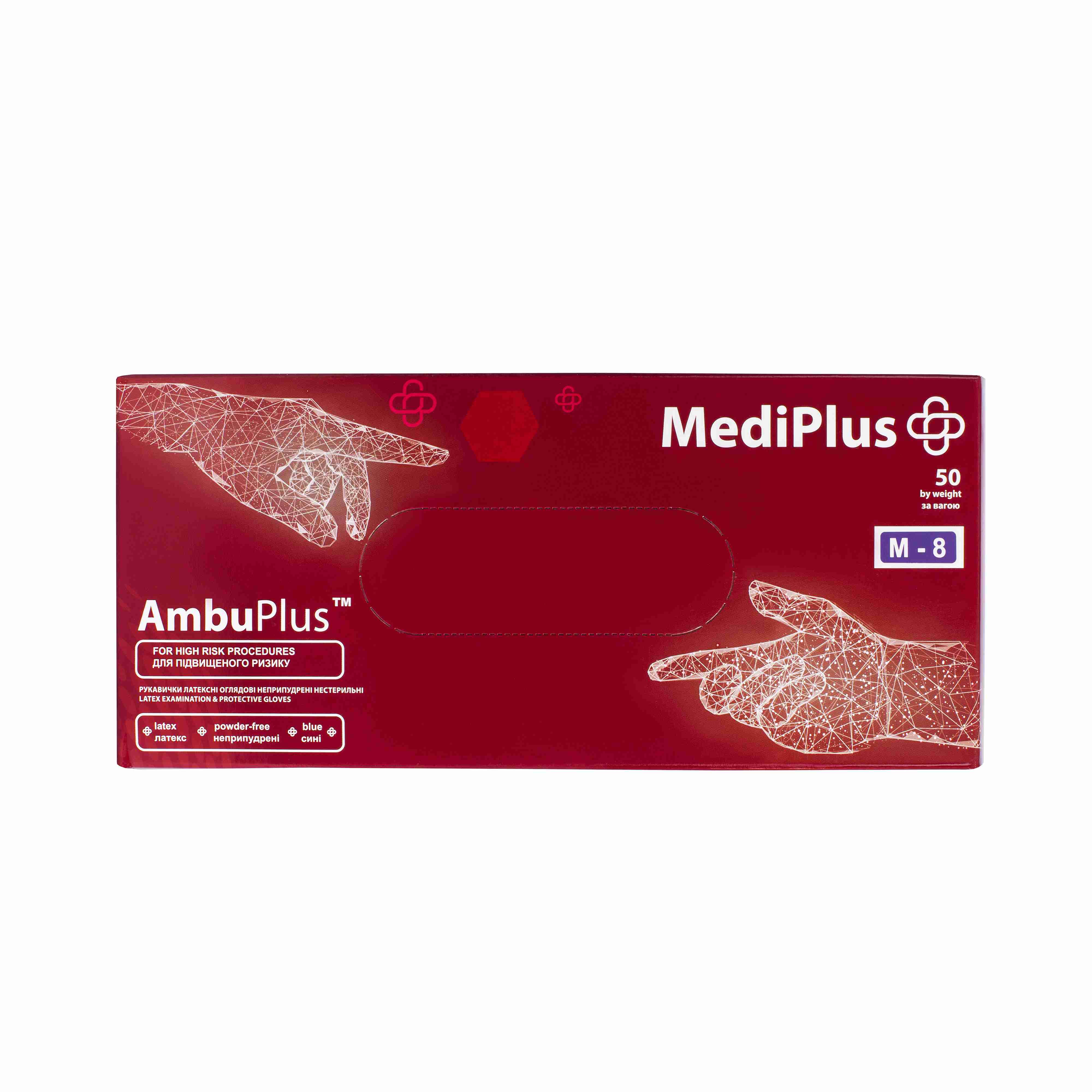 Рукавички латексні оглядові нестерильні неприпудрені AmbuPlus, розмір M, сині